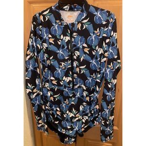 NWOT - Women's Axesea Long Sleeve Rash Guard Front Zip Swimsuit, Size 12 Blue